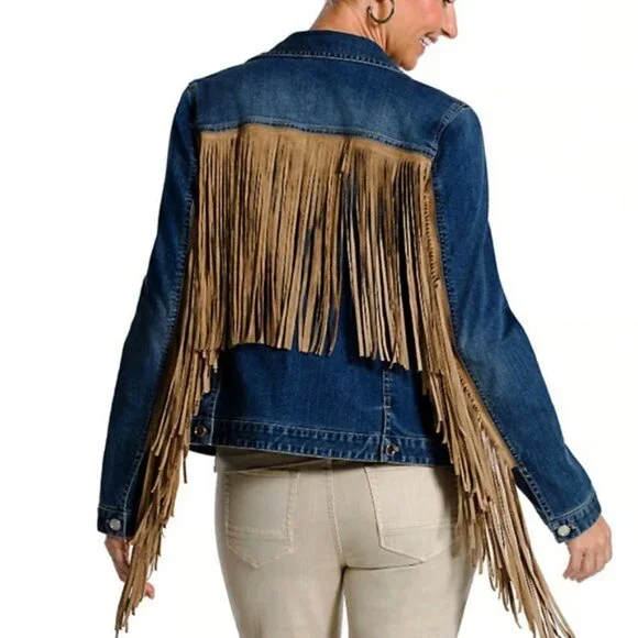 COPY - Chico's Platinum Fringe Denim Jacket - VINTAGE LOOK! NWOT - Picture 2 of 11